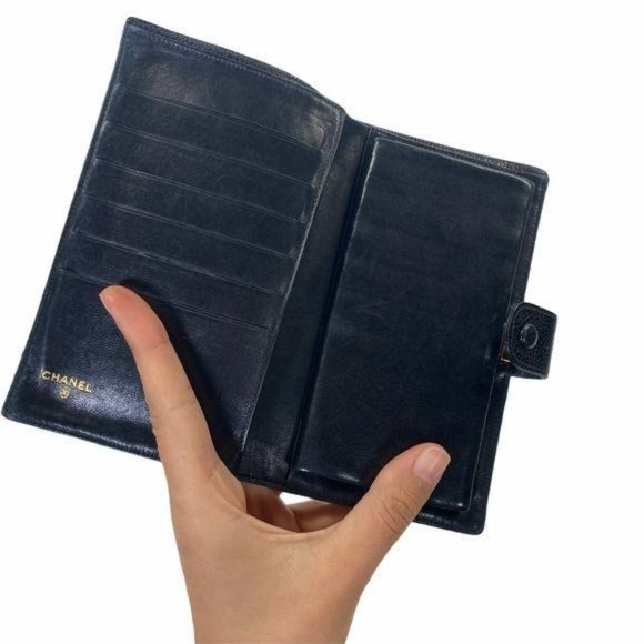 Authentic Chanel Wallet Long Black Caviar Skin Leather GG Vintage On Sale - Picture 4 of 11